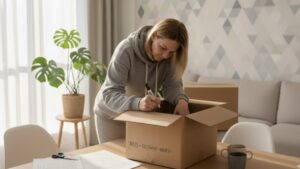 девушка подписывает коробки