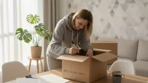 девушка подписывает коробки